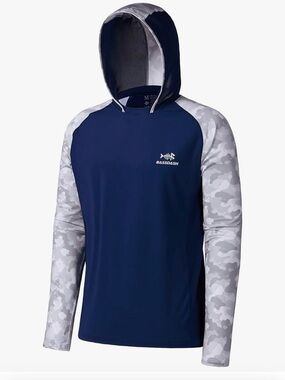 Men’s Navy & Gray Camo Hooded Performance Shirt UPF50 breathable fishing. 1193